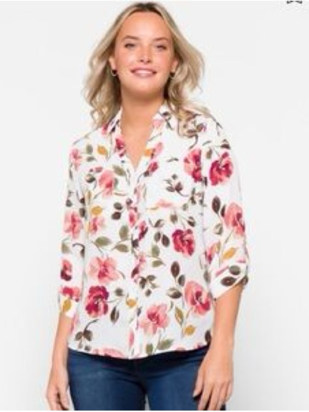 White Floral Button-Front Blouse